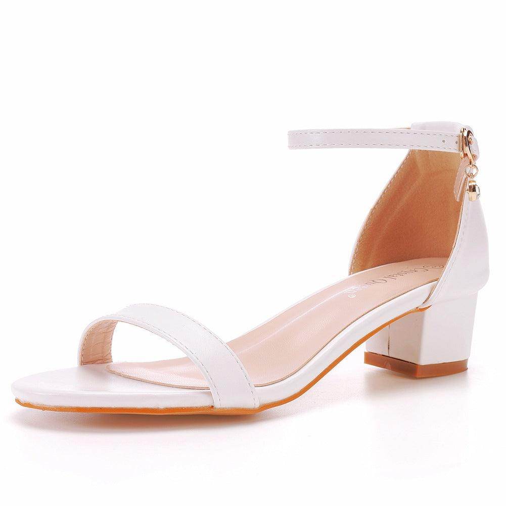 Faux Leather Ankle Strap Pointy Block Heel Sandals 644081624728 - COCOMELODY